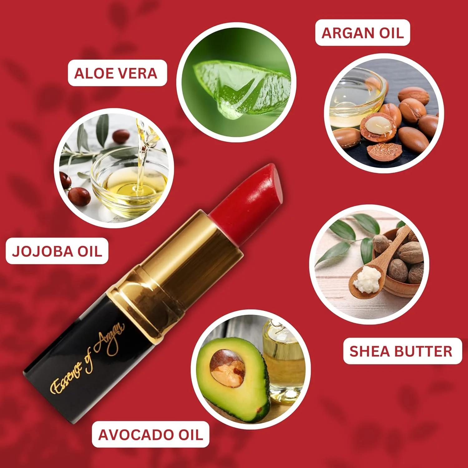 𝗘𝘀𝘀𝗲𝗻𝗰𝗲 𝗼𝗳 𝗔𝗿𝗴𝗮𝗻 Deep Moisturizing Red Lipstick, Long Lasting Lipstick & Lip Care in 1 with Pure Organic Argan Oil, Shea Butter, Jojoba Oil & Aloe Vera Hydrating, Roses R Red