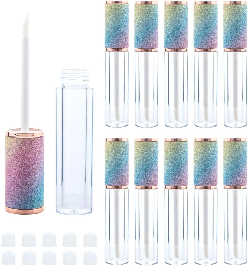 10 Pack Sparkles Rainbow Lip Gloss Wand Tubes, 5ml Empty Lip Gloss Containers, Lipgloss Lip Balm Bottles with Rubber Stoppers for Lip Gloss Balm Cosmetic Business (Sparkles Rainbow)