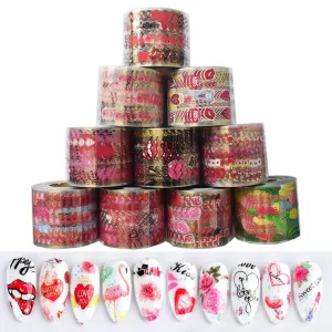 10 Rolls Flowers Love Heart Nail Foil Transfer Sheets Sticker Kit,50m×4cm Valentine's Day Nail Art Stickers Supplies Red Pink Heart Rose Kiss Lip Flamingo Designer Nail Foils for Women DIY Nail Decor