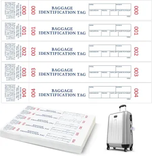 1000 Hotel Luggage ID Tags with Transfer Tape on Back Printed in Black with Red Consecutive Numbering from 000 to 999 Baggage Identification Tags for Hotel and Motel Bag Storage
