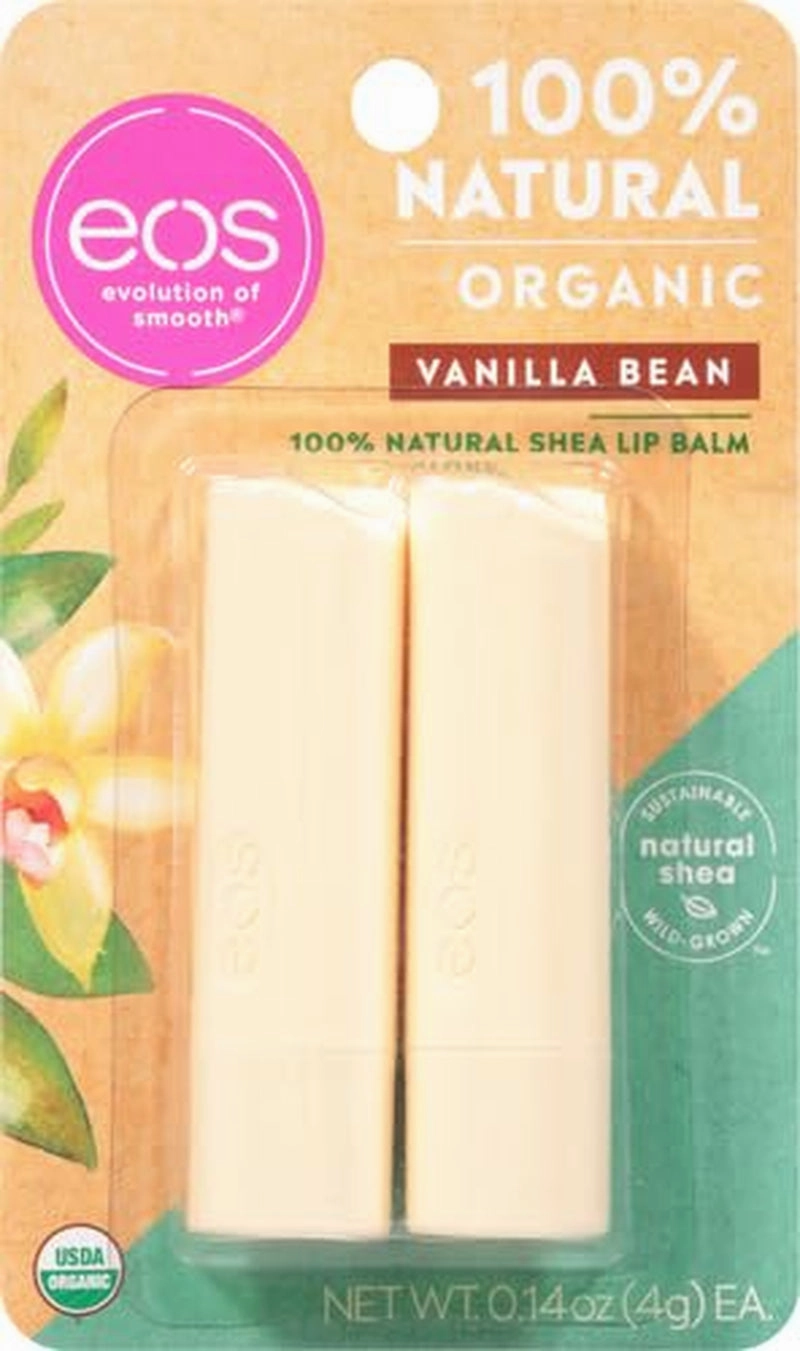 100% Natural & Organic Lip Balm Sticks- Vanilla Bean, All-Day Moisture, Dermatologist Recommended, 0.14 Oz, 2-Pack