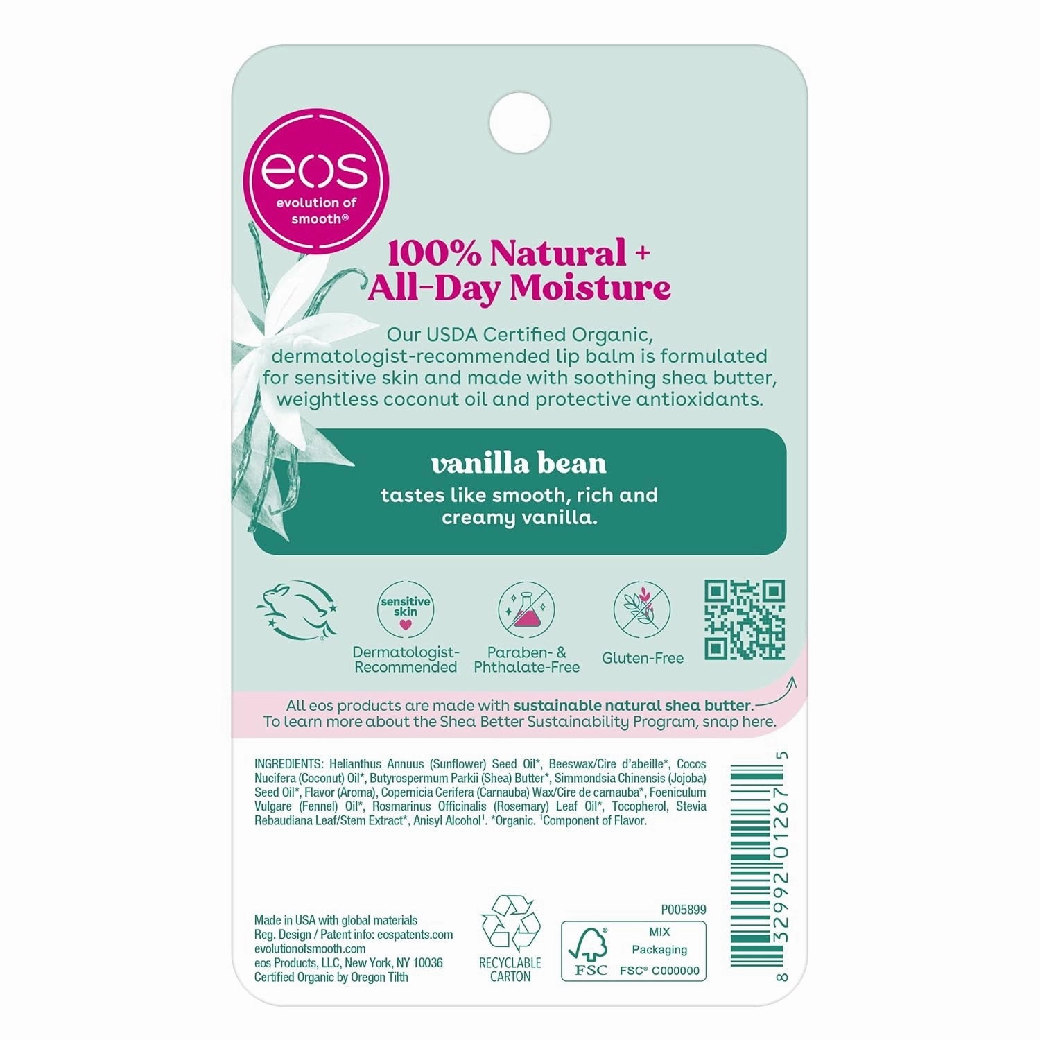 100% Natural & Organic Lip Balm Sticks- Vanilla Bean, All-Day Moisture, Dermatologist Recommended, 0.14 Oz, 2-Pack