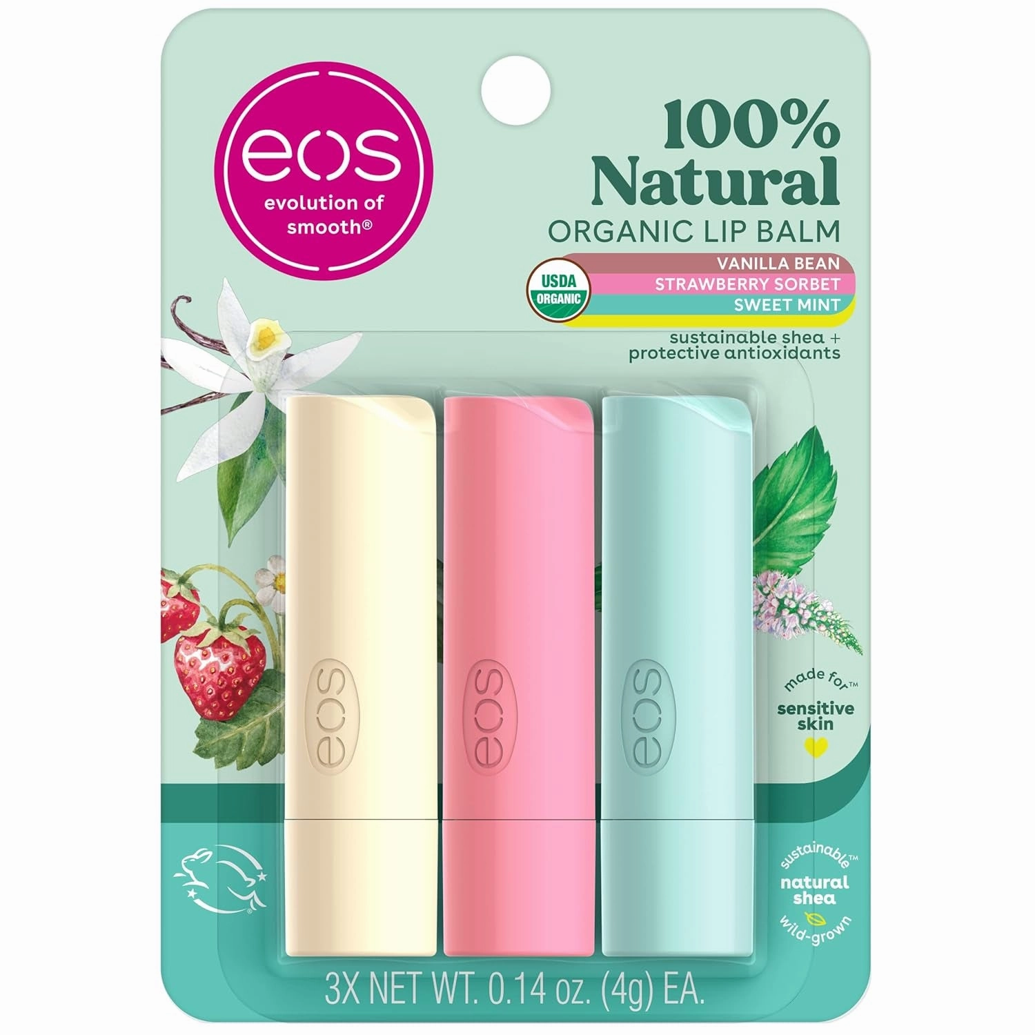 100% Natural & Organic Lip Balm Sticks- Vanilla Bean, All-Day Moisture, Dermatologist Recommended, 0.14 Oz, 2-Pack