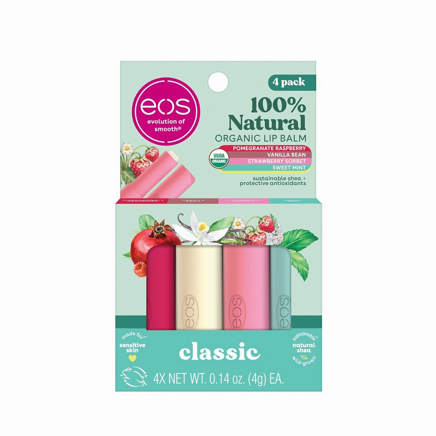 100% Natural & Organic Lip Balm Sticks- Vanilla Bean, All-Day Moisture, Dermatologist Recommended, 0.14 Oz, 2-Pack