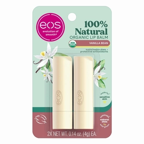 100% Natural & Organic Lip Balm Sticks- Vanilla Bean, All-Day Moisture, Dermatologist Recommended, 0.14 Oz, 2-Pack