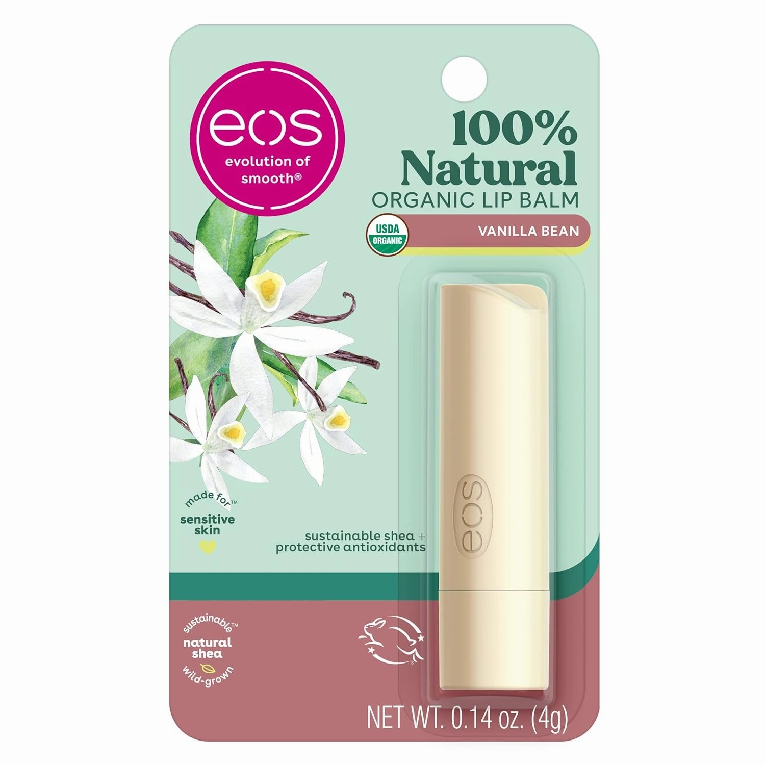 100% Natural & Organic Lip Balm Sticks- Vanilla Bean, All-Day Moisture, Dermatologist Recommended, 0.14 Oz, 2-Pack