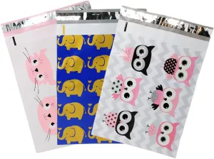 10x13" Owls, Cats, Elephants Poly Mailers Combo Pack, Quality Self Adhesive Shipping Bag Flat Envelopes with Kissy Seal Stickers (300)
