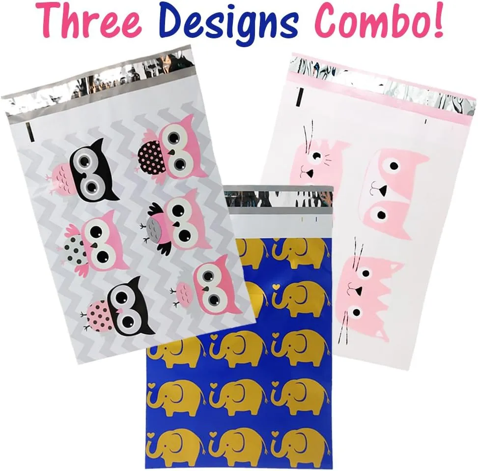 10x13" Owls, Cats, Elephants Poly Mailers Combo Pack, Quality Self Adhesive Shipping Bag Flat Envelopes with Kissy Seal Stickers (300)