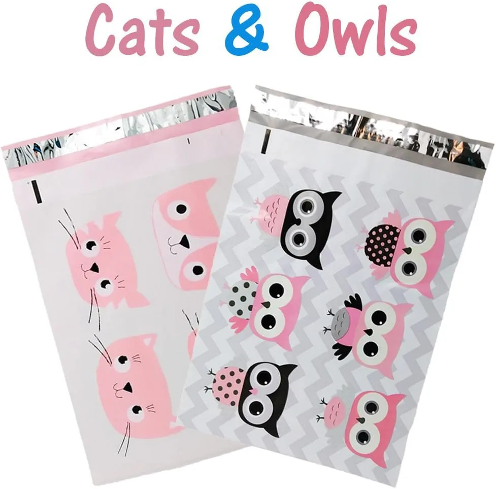 10x13" Owls, Cats, Elephants Poly Mailers Combo Pack, Quality Self Adhesive Shipping Bag Flat Envelopes with Kissy Seal Stickers (300)