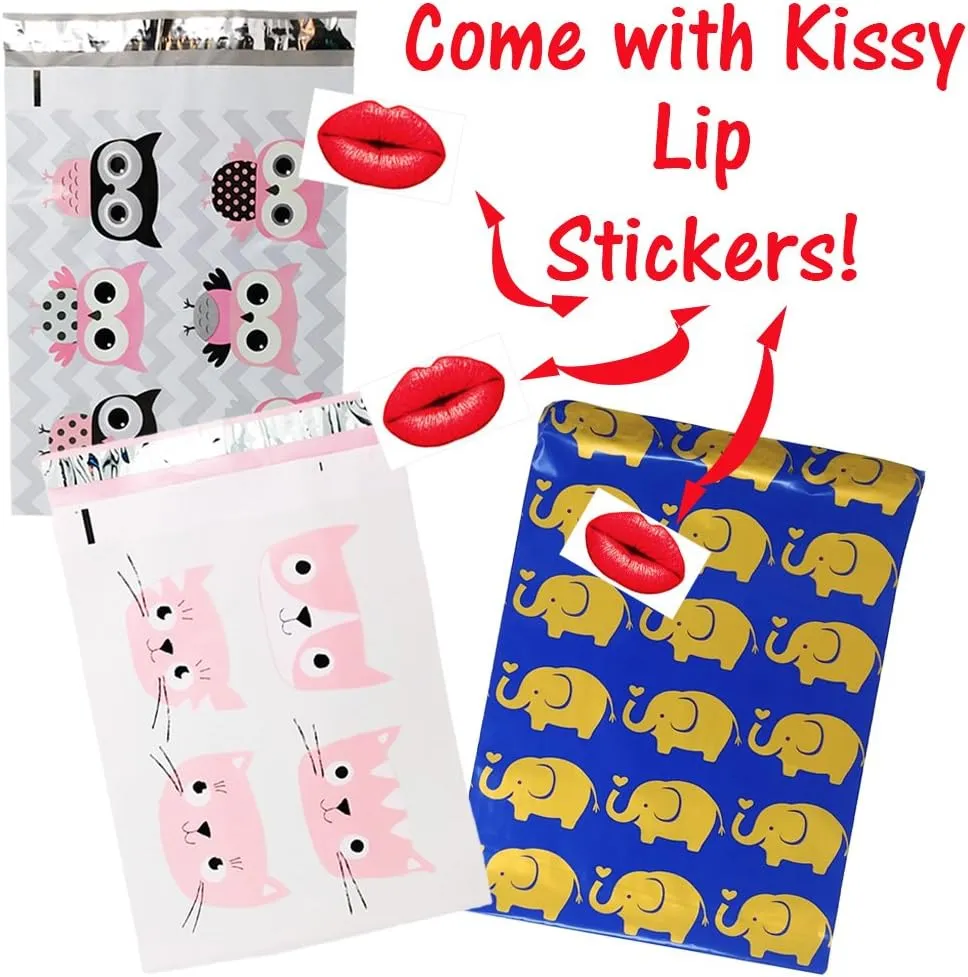 10x13" Owls, Cats, Elephants Poly Mailers Combo Pack, Quality Self Adhesive Shipping Bag Flat Envelopes with Kissy Seal Stickers (300)