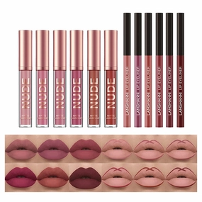 12pcs Lipstick Makeup Kit 6 Colors Matte Nude Liquid Lip Sticks with 6 Matching Smooth Lip Liner - Waterproof Long Lasting Lips Color Gloss Make Up Set For Girls And Women
