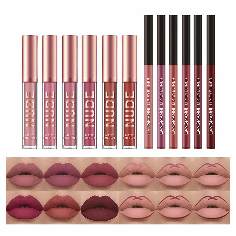 12pcs Lipstick Makeup Kit 6 Colors Matte Nude Liquid Lip Sticks with 6 Matching Smooth Lip Liner - Waterproof Long Lasting Lips Color Gloss Make Up Set For Girls And Women