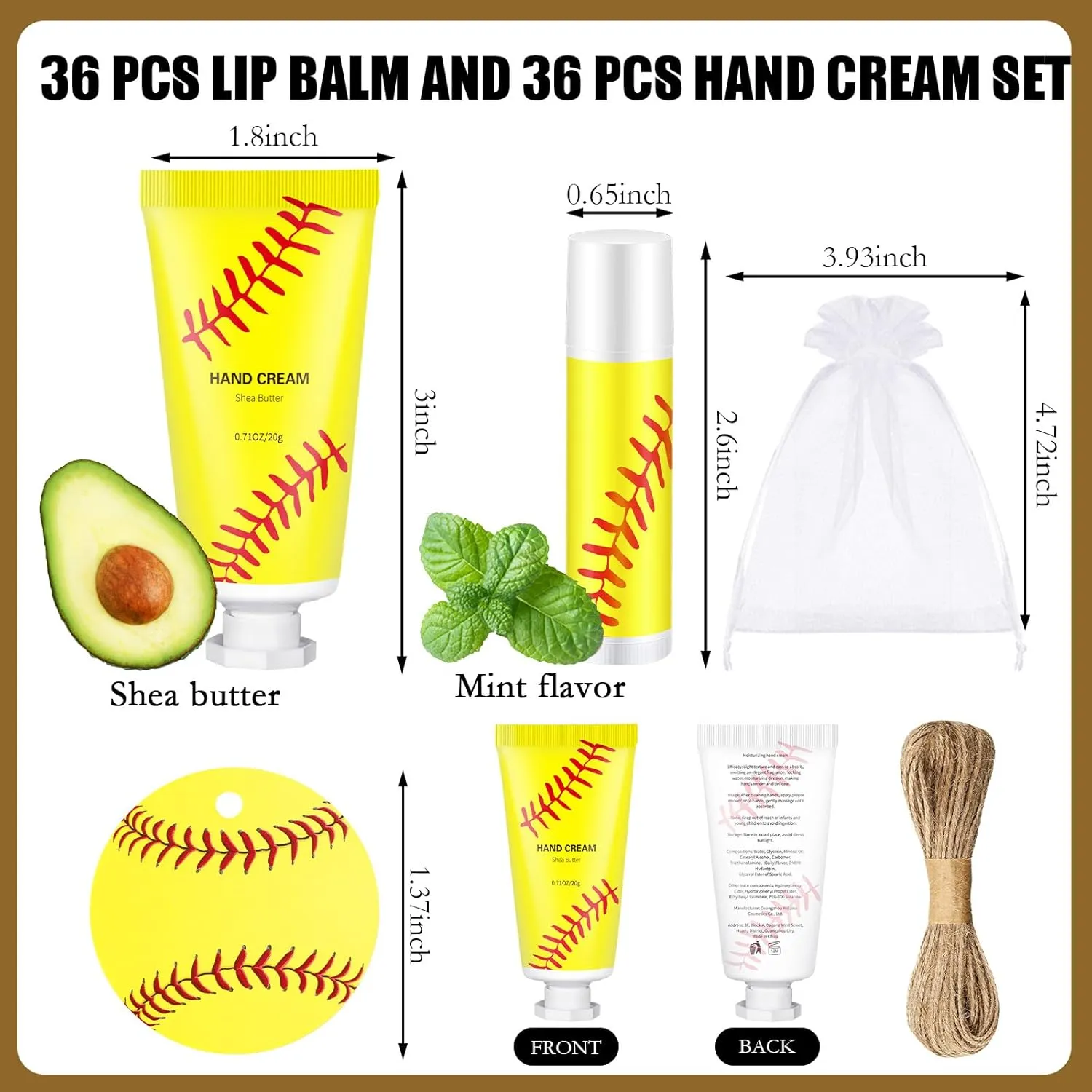 144 Pcs Softball Lip Balm Hand Cream Set Softball Accessories Softball Party Supplies Including 36 Softball Lip Balm 36 Moisturizing Hand Cream 36 Bags 36 Softball Cards and Ropes for Gifts