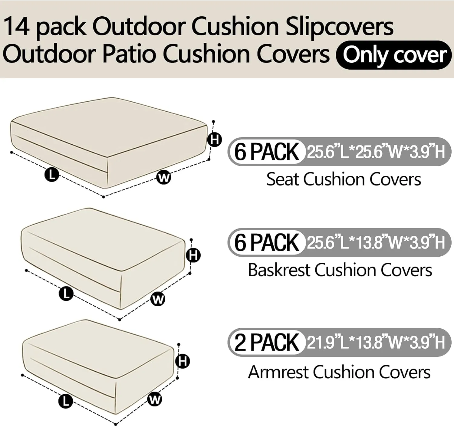 14Pieces Patio Cushion Covers Replacement,Outdoor Couch Cushions Covers Waterproof Furniture Cushion Covers Slipcovers Set with Zippers,Cover Only(Beige, 25.6×25.6×3.94inches)