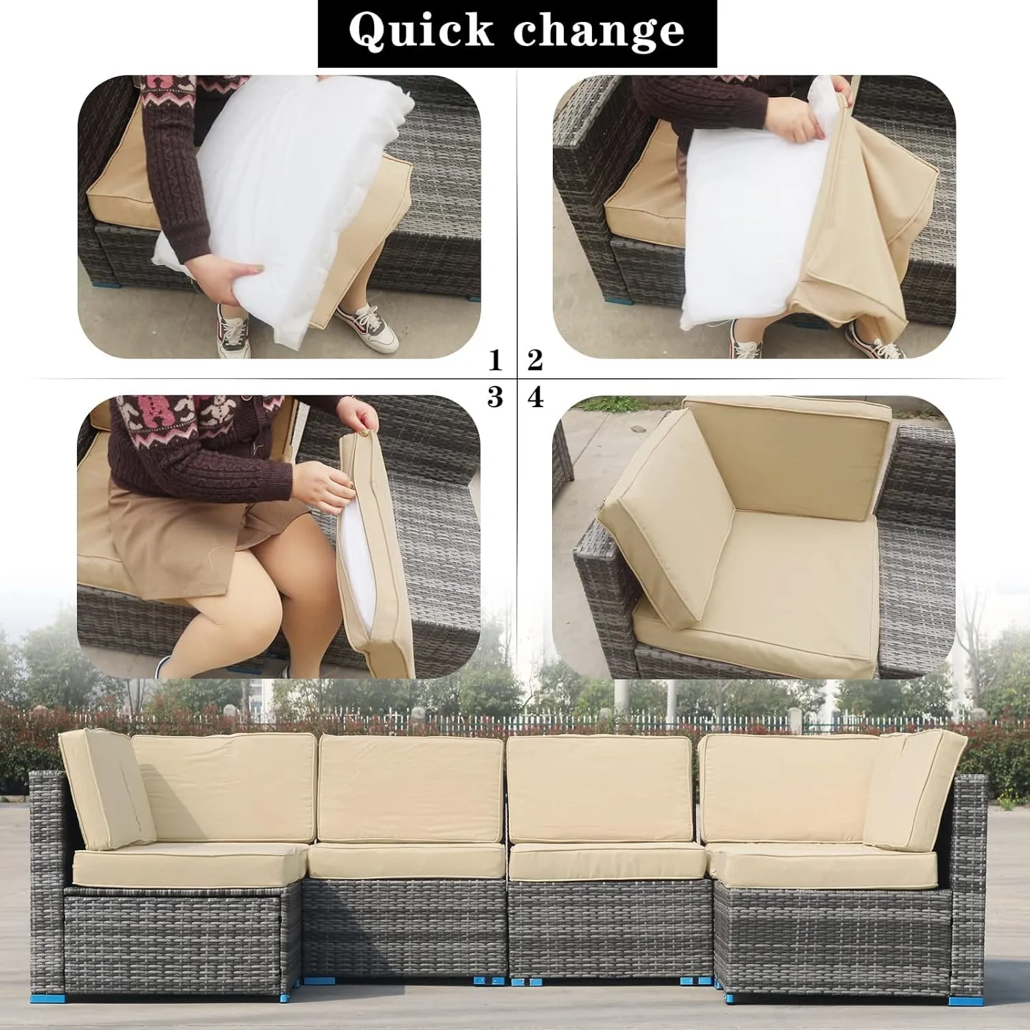 14Pieces Patio Cushion Covers Replacement,Outdoor Couch Cushions Covers Waterproof Furniture Cushion Covers Slipcovers Set with Zippers,Cover Only(Beige, 25.6×25.6×3.94inches)