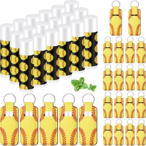 18 Sets Softball Party Favors Lip Balm and Lipstick Holder Keychain Bulk Sport Ball Team Gifts Natural Moisturizing Lip Balm Keychains Pouch for Team Gifts Sports Party Supplies