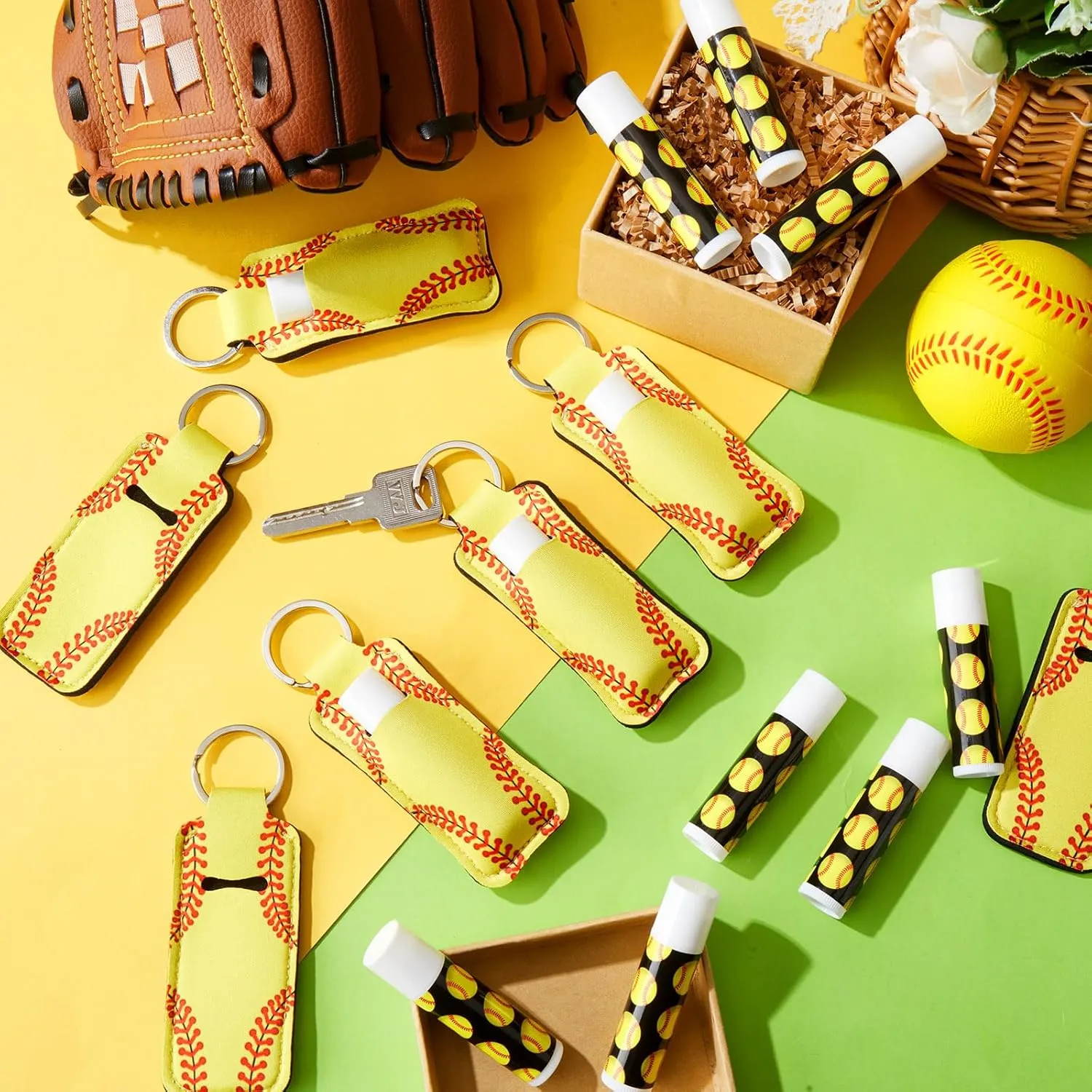 18 Sets Softball Party Favors Lip Balm and Lipstick Holder Keychain Bulk Sport Ball Team Gifts Natural Moisturizing Lip Balm Keychains Pouch for Team Gifts Sports Party Supplies