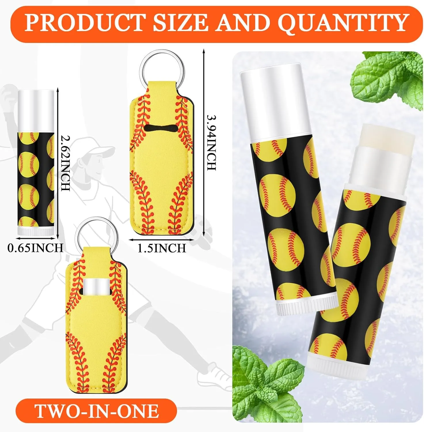 18 Sets Softball Party Favors Lip Balm and Lipstick Holder Keychain Bulk Sport Ball Team Gifts Natural Moisturizing Lip Balm Keychains Pouch for Team Gifts Sports Party Supplies
