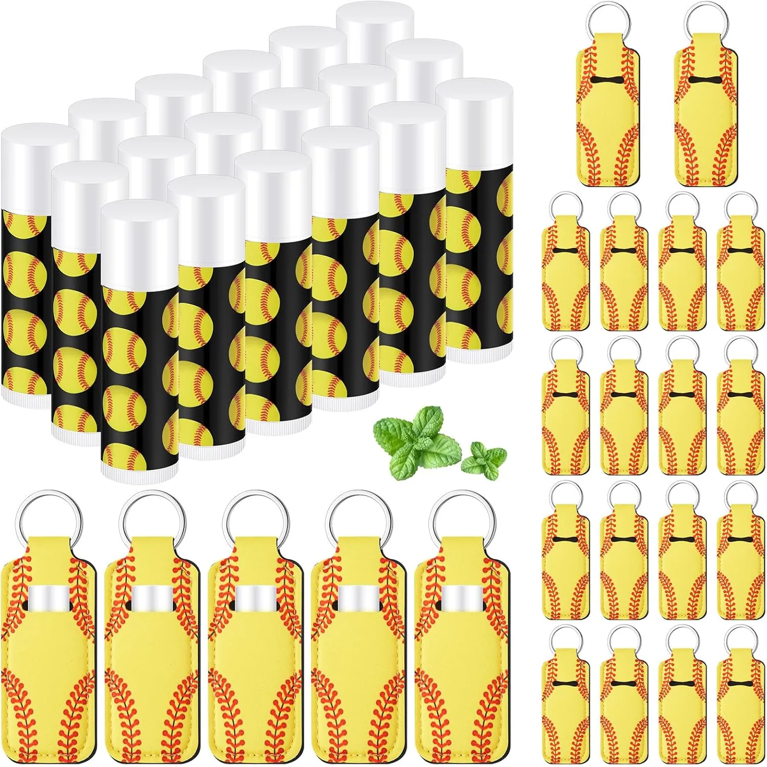 18 Sets Softball Party Favors Lip Balm and Lipstick Holder Keychain Bulk Sport Ball Team Gifts Natural Moisturizing Lip Balm Keychains Pouch for Team Gifts Sports Party Supplies