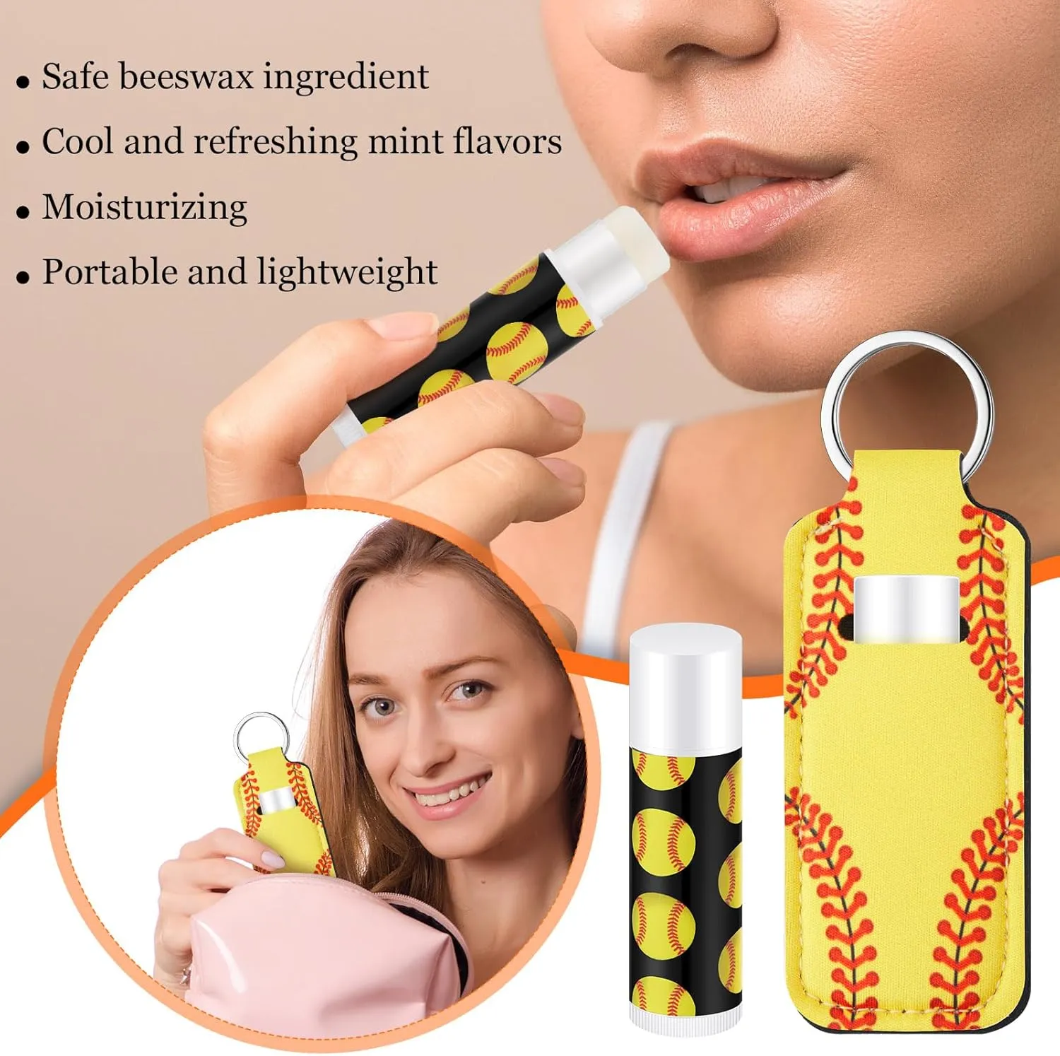 18 Sets Softball Party Favors Lip Balm and Lipstick Holder Keychain Bulk Sport Ball Team Gifts Natural Moisturizing Lip Balm Keychains Pouch for Team Gifts Sports Party Supplies