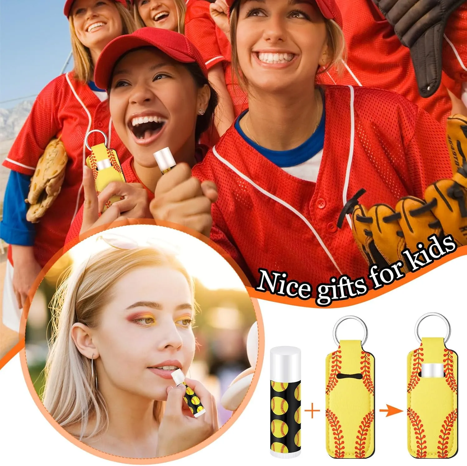 18 Sets Softball Party Favors Lip Balm and Lipstick Holder Keychain Bulk Sport Ball Team Gifts Natural Moisturizing Lip Balm Keychains Pouch for Team Gifts Sports Party Supplies