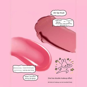 1 PC Friend Rabbit 3 in 1 Matte Lip Mud & Lip Glaze, One End Lip Mud Cream, One End Clear Mirror Effect Lip Gloss With Middle Silicone Brush (F03, 2g 2g)