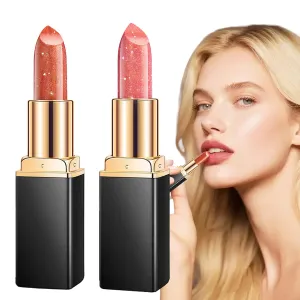 2 Pcs Diamond Lip Gloss Glitter Lipstick Waterproof, Diamond Glitter Lipstick, Shimmer Metallic Sparkly Lip Gloss, Waterproof and Smudge Proof Glitter Lip Gloss for Women Makeup (2# 3#, 0.12 Fl Oz)