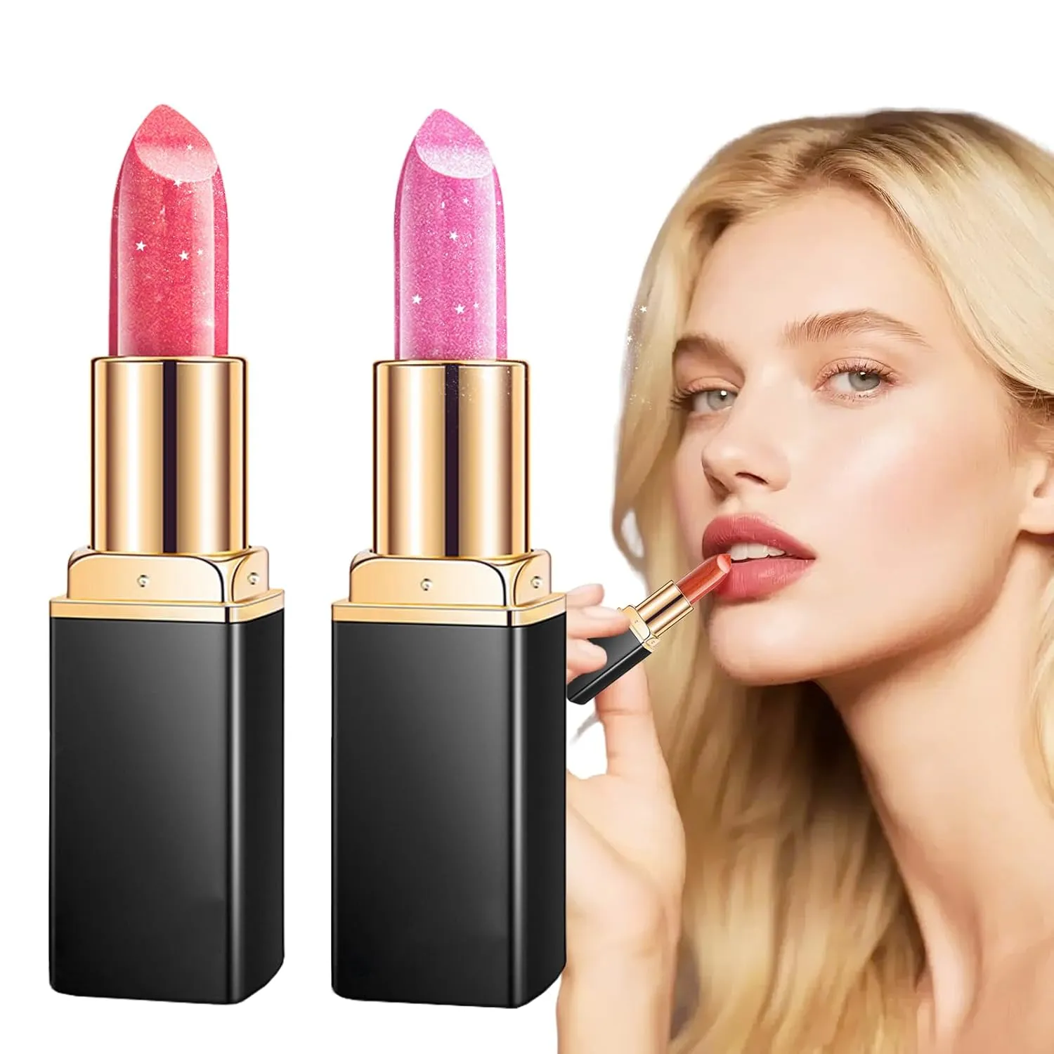 2 Pcs Diamond Lip Gloss Glitter Lipstick Waterproof, Diamond Glitter Lipstick, Shimmer Metallic Sparkly Lip Gloss, Waterproof and Smudge Proof Glitter Lip Gloss for Women Makeup (8# 9#, 0.12 Fl Oz)