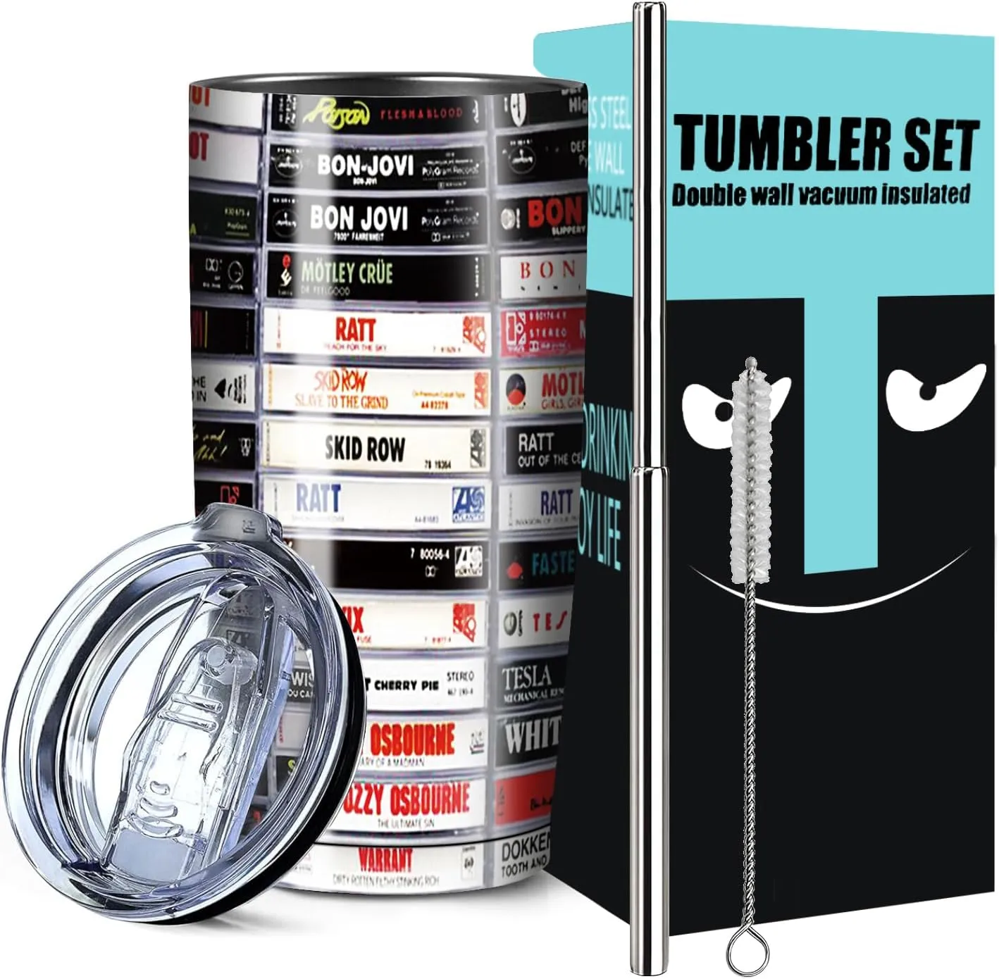 20 oz Stainless Steel Heavy Metal Rock Tapes Travel Mug - Double Wall Vacuum Insulated Drinking Cup with Straw and Lid - Reusable
