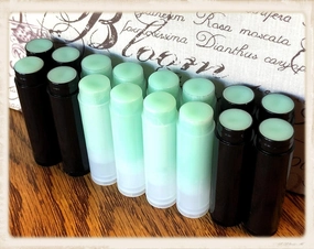 20 MINT CHOCOLATE CHIP Flavored Lip Balms in Clear or Black Tubes Wholesale Bulk Prefilled Aqua Green (Clear Tubes)