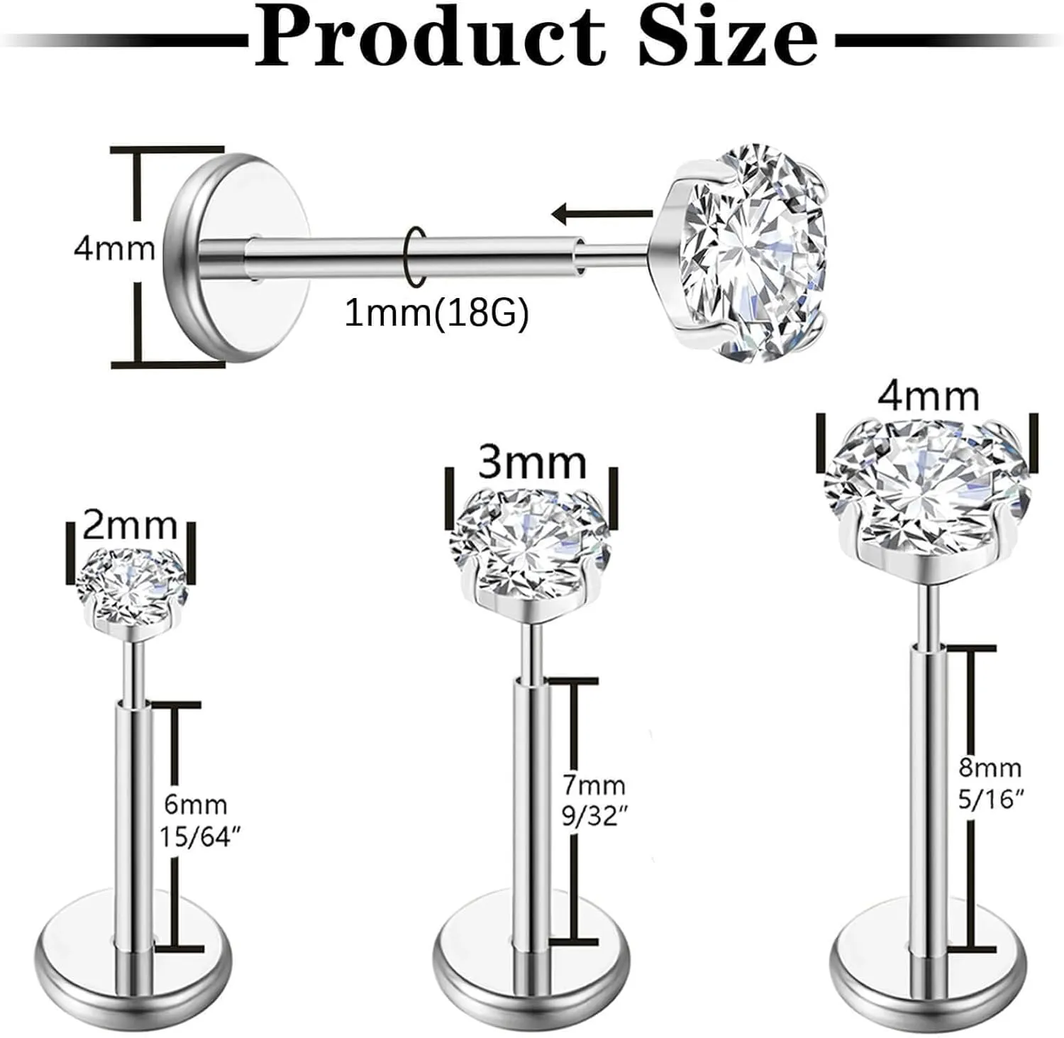 20G Flat Back Earrings Stud G23 Titanium Threadless Tragus Labret Cartilage Lip Medusa Conch Body Piercing Jewelry Hypoallergenic for Women Men