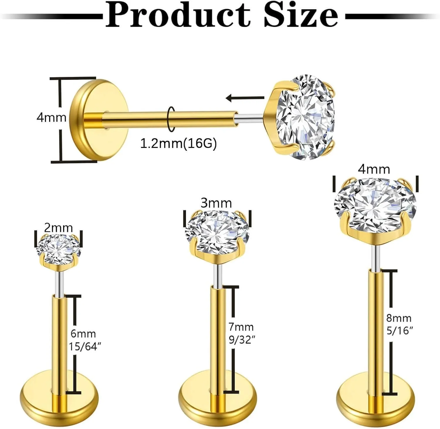 20G Flat Back Earrings Stud G23 Titanium Threadless Tragus Labret Cartilage Lip Medusa Conch Body Piercing Jewelry Hypoallergenic for Women Men