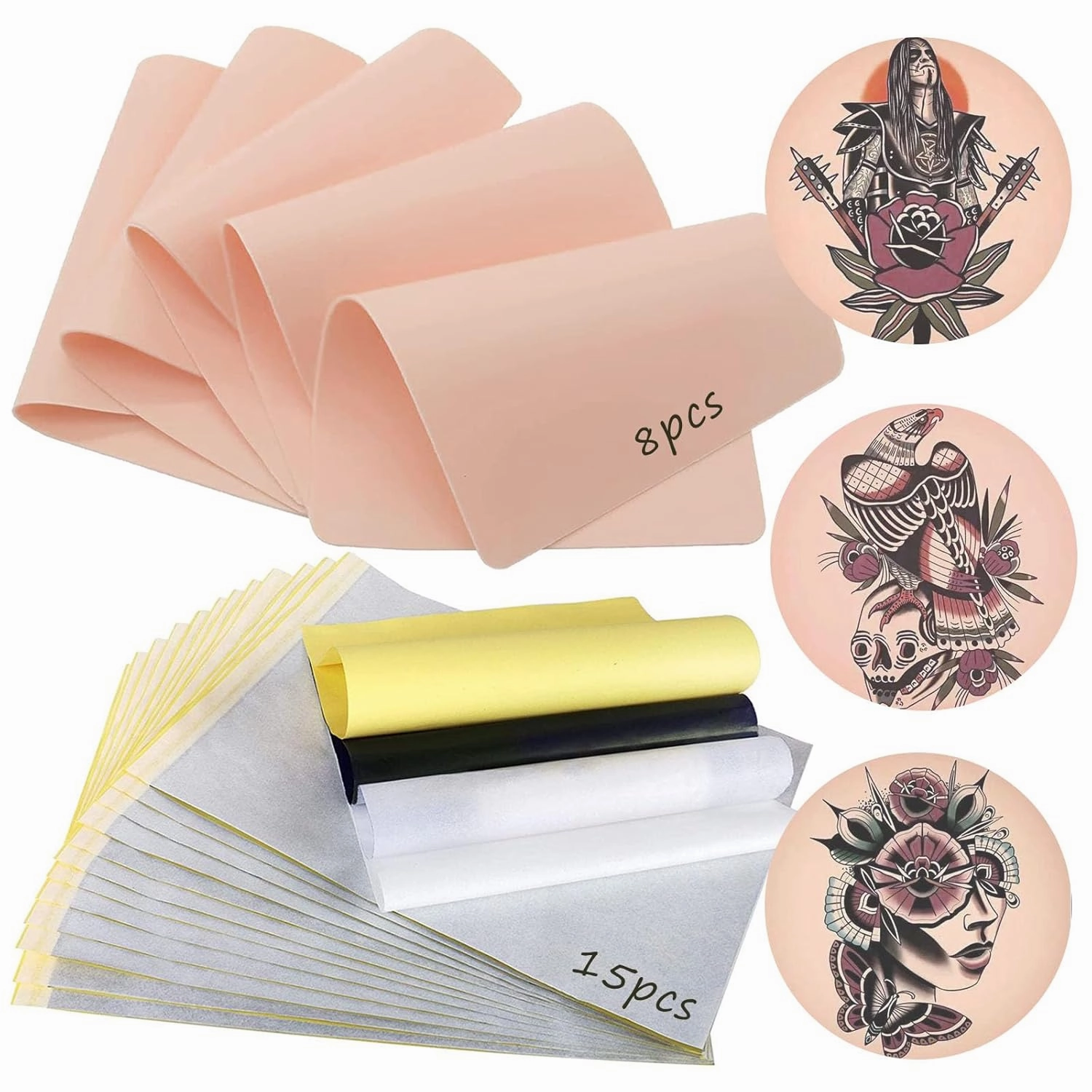23PCS Tattoo Skin Practice Kit - NAQASE 8PCS Fake Skin Tattoo Practice Skin and 15PCS Stencil Paper Tattoo Practice Kit 8"x6" Microblading Eyebrow Skin for Tattoo Beginners and Experienced Artists