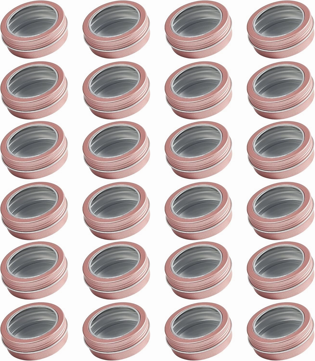 24 Pack 2 Ounce Screw Top Aluminum Tin Jar with Screw Clear Lid and Blank Labels, Refillable 60ml Metal Containers for Lip Balms, Candles, Salves, Spices, Crafts(Rose Gold)