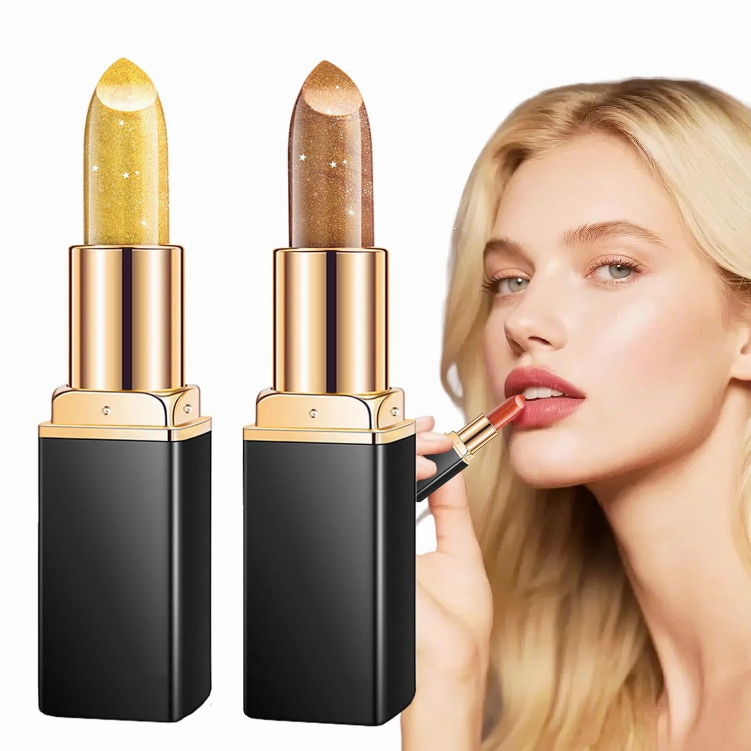 2 Pcs Diamond Lip Gloss Glitter Lipstick Waterproof, Diamond Glitter Lipstick, Shimmer Metallic Sparkly Lip Gloss, Waterproof and Smudge Proof Glitter Lip Gloss for Women Makeup (1# 6#, 0.12 Fl Oz)