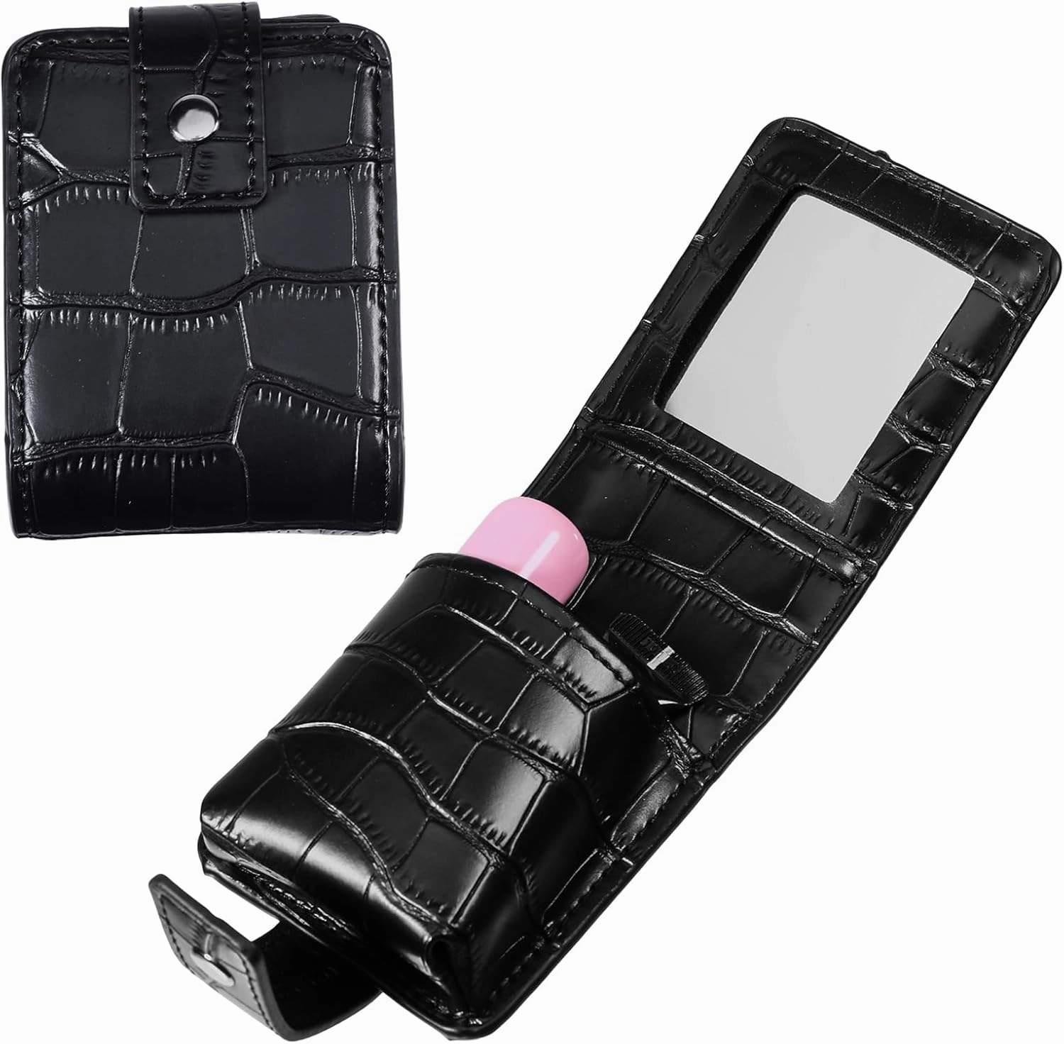 2Pcs Makeup Lipstick Case PU Leather Crocodile Double Lipstick Case with Mirror Portable Small Cosmetic Bag for Women Outside Mini Travel Pouch