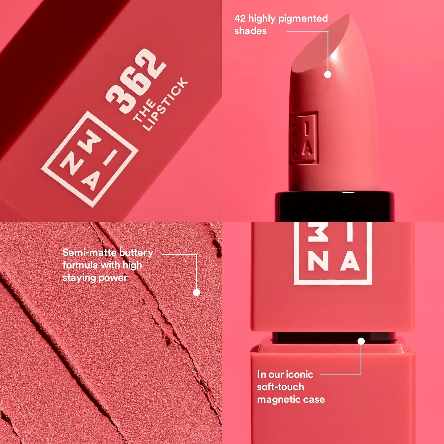 3INA The Lipstick 371 - Outstanding Shade Selection - Matte And Shiny Finishes - Highly Pigmented And Comfortable - Vegan And Cruelty Free Formula - Moisturizes The Lips - Hot Pink - 0.16 Oz