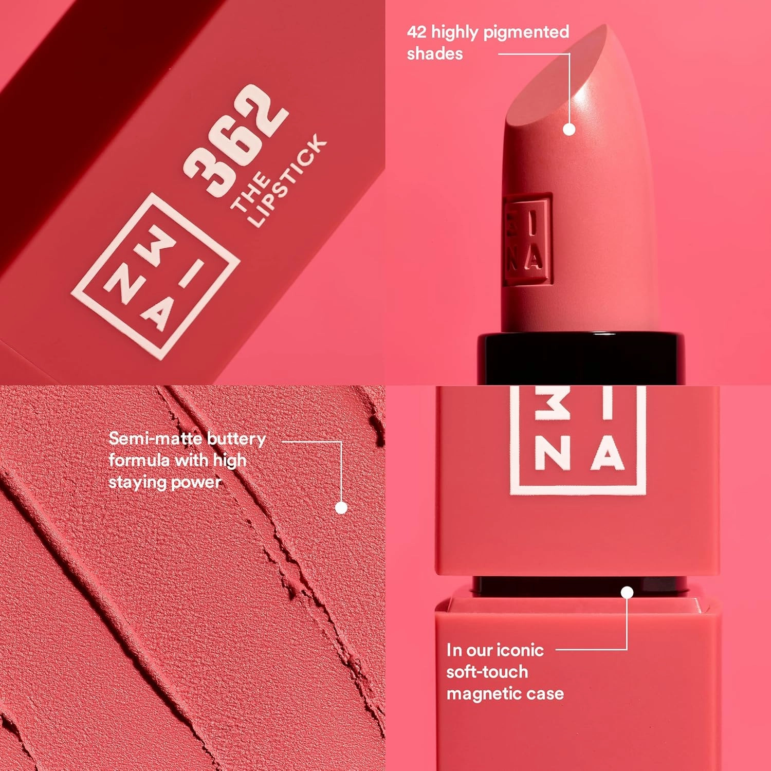3INA The Lipstick 336 - Outstanding Shade Selection - Matte And Shiny Finishes - Highly Pigmented And Comfortable - Vegan And Cruelty Free Formula - Moisturizes The Lips - The Darkest Pink - 0.16 Oz