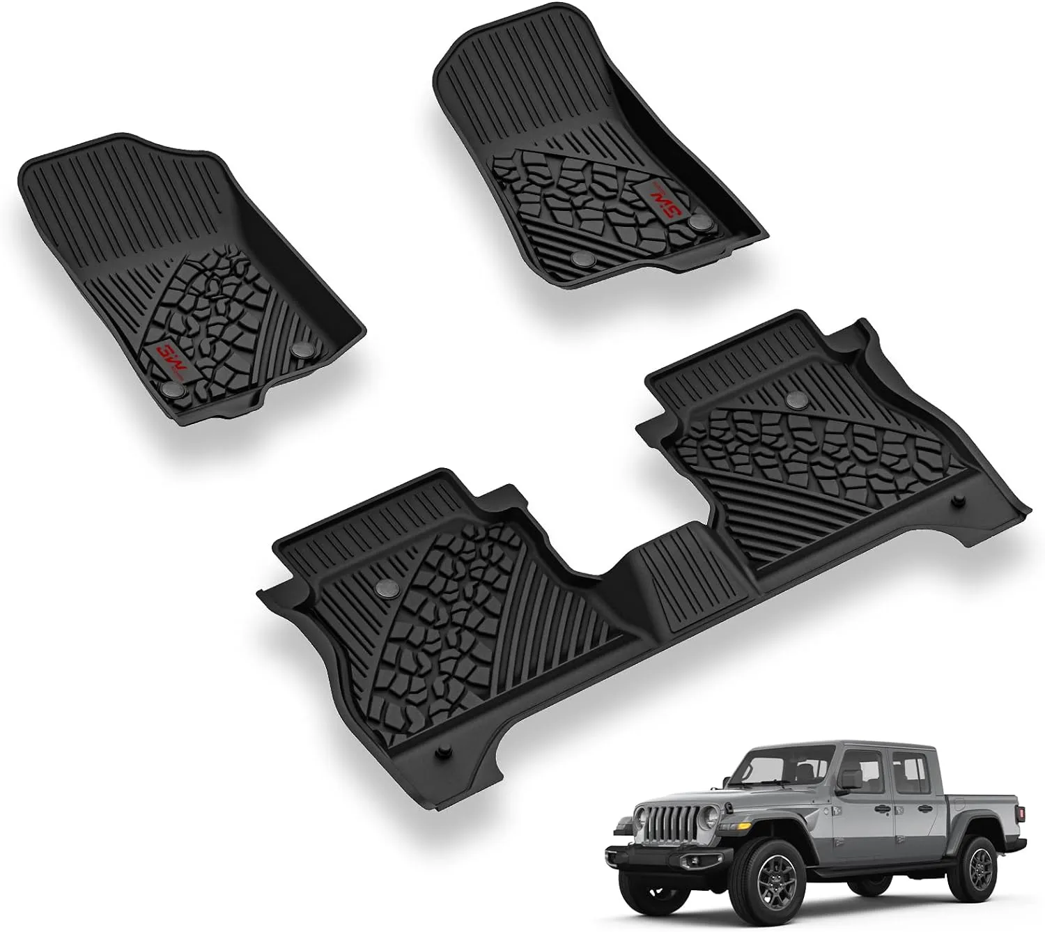 3W Floor Mats Compatible for Jeep Gladiator 2020-2024, Custom Fit TPE All Floor Liner for Weather Jeep Gladiator,1st & 2nd Row Full Set Car Liners with red Logo,Black