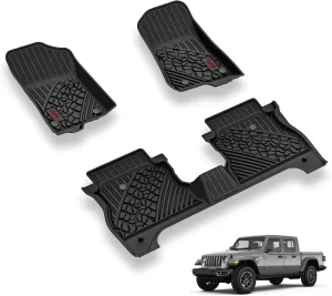 3W Floor Mats Compatible for Jeep Gladiator 2020-2024, Custom Fit TPE All Floor Liner for Weather Jeep Gladiator,1st & 2nd Row Full Set Car Liners with red Logo,Black
