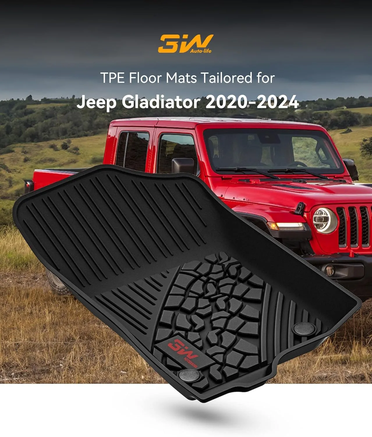3W Floor Mats Compatible for Jeep Gladiator 2020-2024, Custom Fit TPE All Floor Liner for Weather Jeep Gladiator,1st & 2nd Row Full Set Car Liners with red Logo,Black