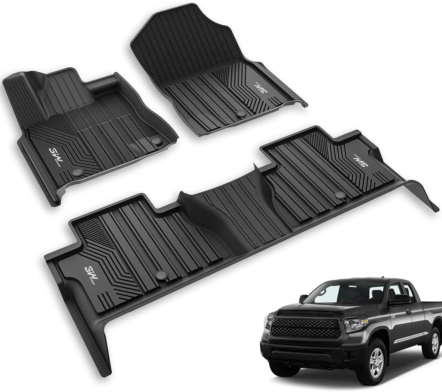 3W Floor Mats Fit Toyota Tundra 2014-2021 (Only for CrewMax Cab) TPE All Weather Custom Fit Floor Liner for Toyota Tundra 1st and 2nd Row Full Set Car Mats, Black