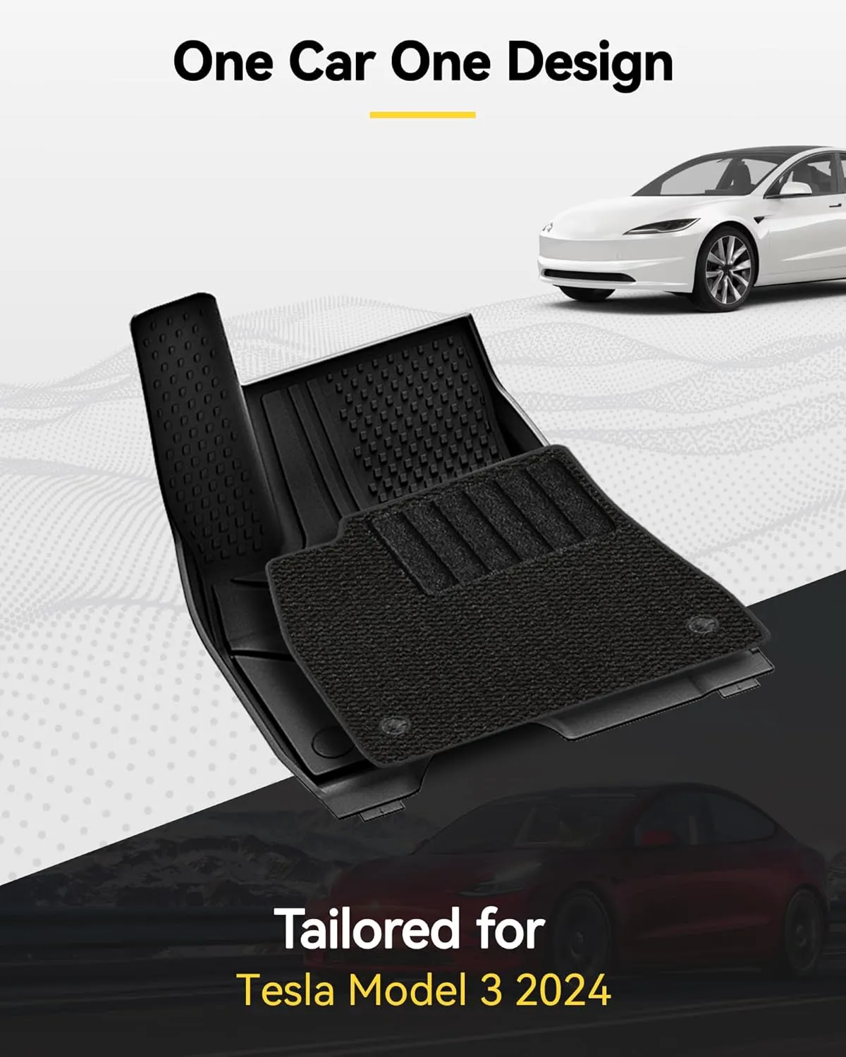 3W Floor Mats with Carpets for 2024 Tesla Model 3 Highland New Generation Cat Liners, All Weather Protection Model Y Accessories Custom TPE Fit Floor Liners Carpets