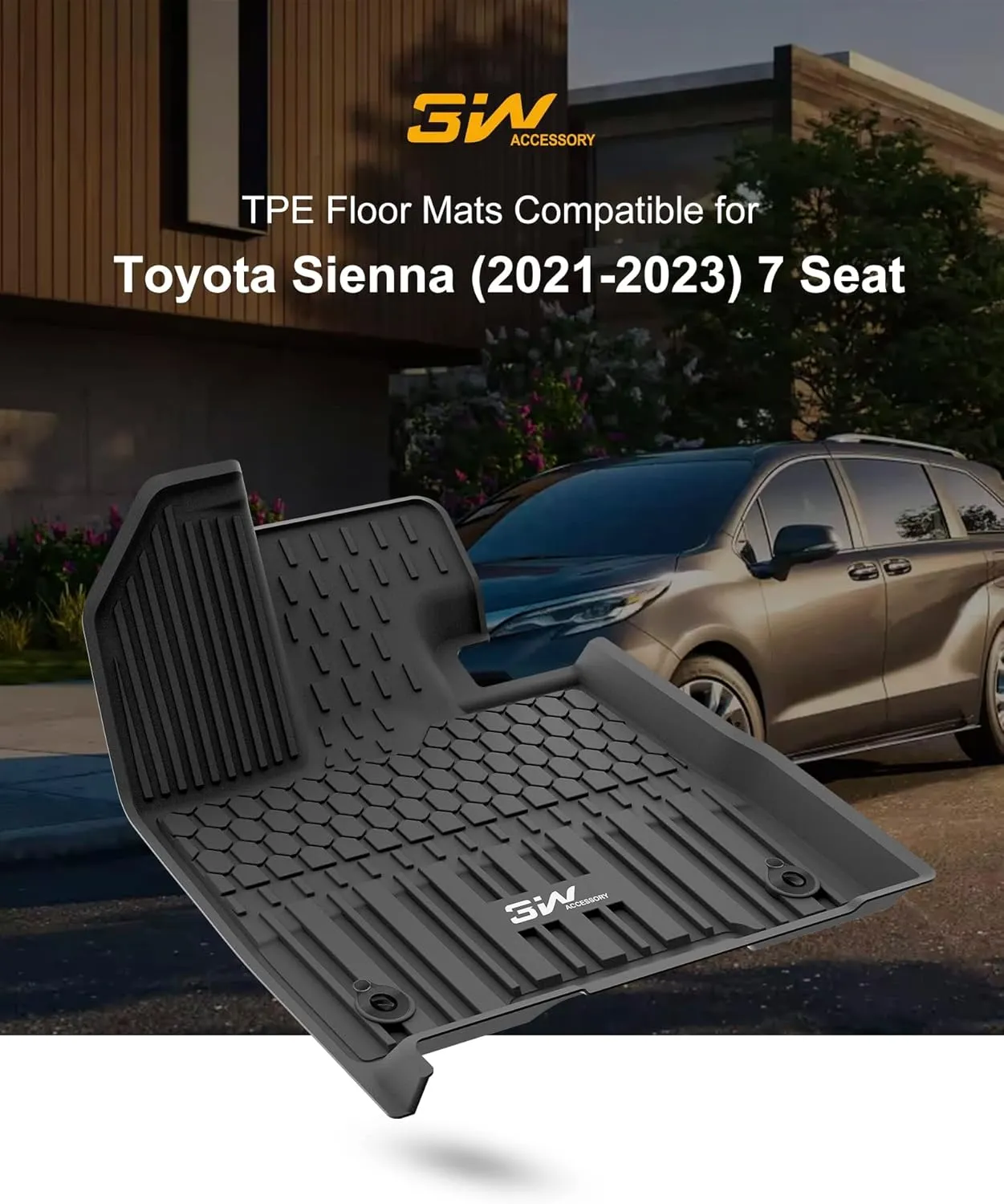 3W Floor Mats with Front Carpet Compatible for Toyota Sienna 2021-2023 7 Seat, TPE All Weather Custom Fit Floor Liner for Toyota Sienna 1st, 2nd and 3rd Row, Black (Only for 7 Seater)