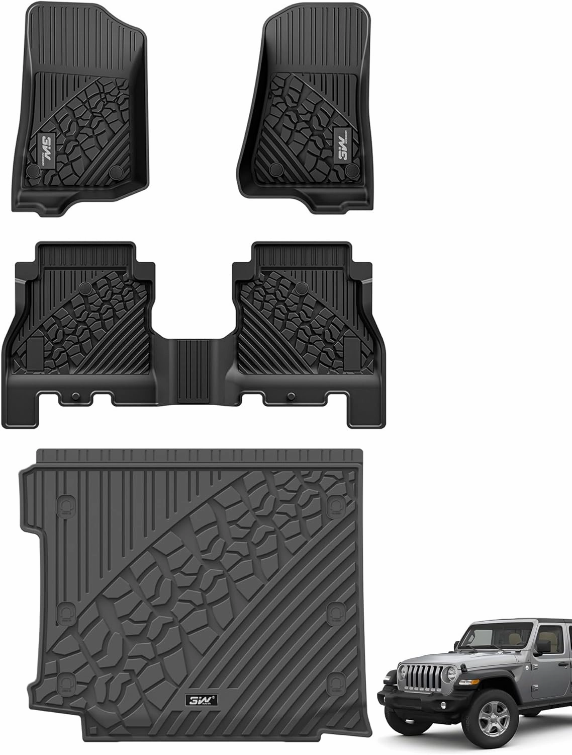 3W Floor Mats&Cargo Liner Compatible for Jeep Wrangler JL 2018-2024 Unlimited 4-Door with Subwoofer (Non JK or 4XE) All-Weather TPE Floor Liner for 1st, 2nd Row and Trunk Full Set Car Mats,Black