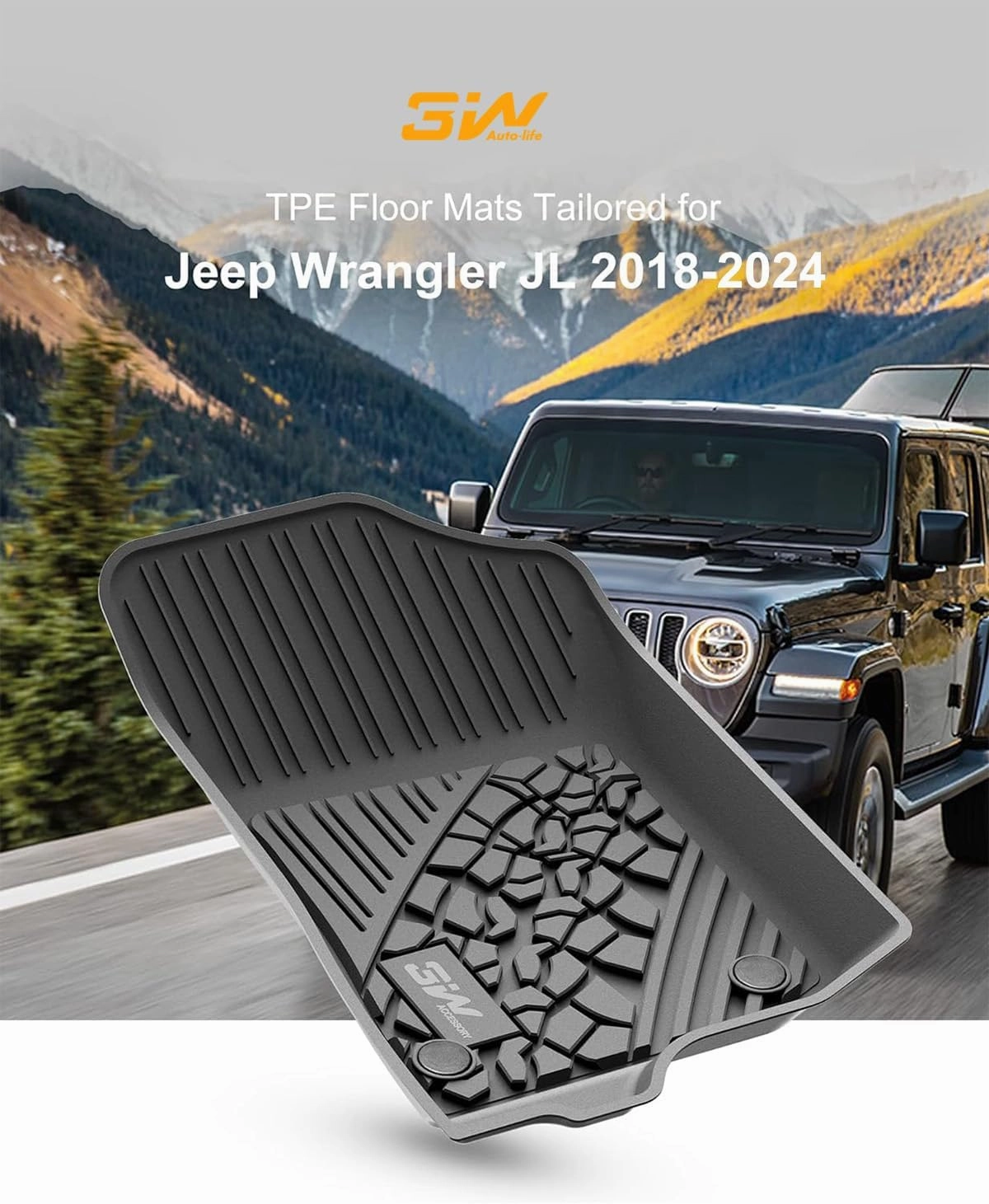 3W Floor Mats&Cargo Liner Compatible for Jeep Wrangler JL 2018-2024 Unlimited 4-Door with Subwoofer (Non JK or 4XE) All-Weather TPE Floor Liner for 1st, 2nd Row and Trunk Full Set Car Mats,Black