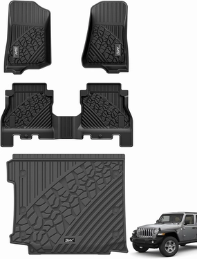 3W Floor Mats&Cargo Liner Compatible for Jeep Wrangler JL 2018-2024 Unlimited 4-Door with Subwoofer (Non JK or 4XE) All-Weather TPE Floor Liner for 1st, 2nd Row and Trunk Full Set Car Mats,Black