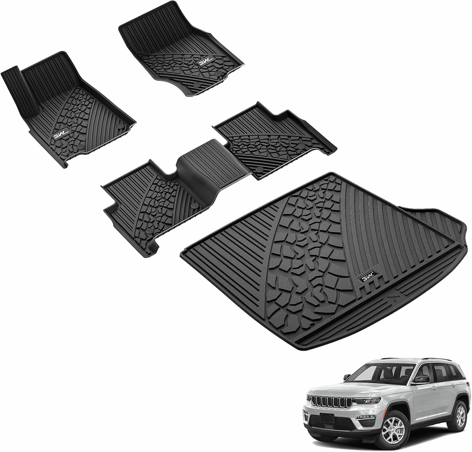 3W Floor Mats & Cargo Liner Fit for Jeep Grand Cherokee (Include 4xe Not L or WK) 2025 2024-2022,TPE All Weather Custom Fit Floor Liners for 1st 2nd Rows and Trunk Full Set Car Mats, Black
