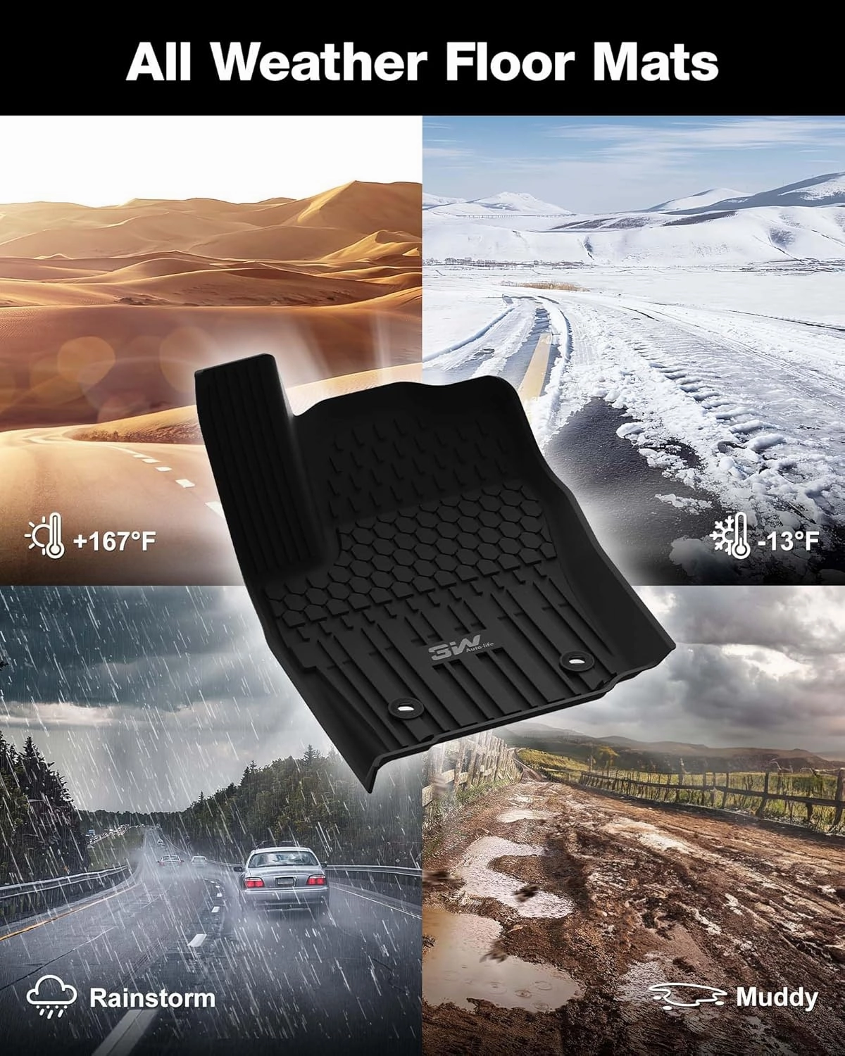3W Floor Mats for Toyota Tacoma 2024 2025 Double Cab(Not Fit Hybrid), TPE All Weather Custom Fit Floor Liner for Toyota Tacoma 1st and 2nd Row Car Liners, Black