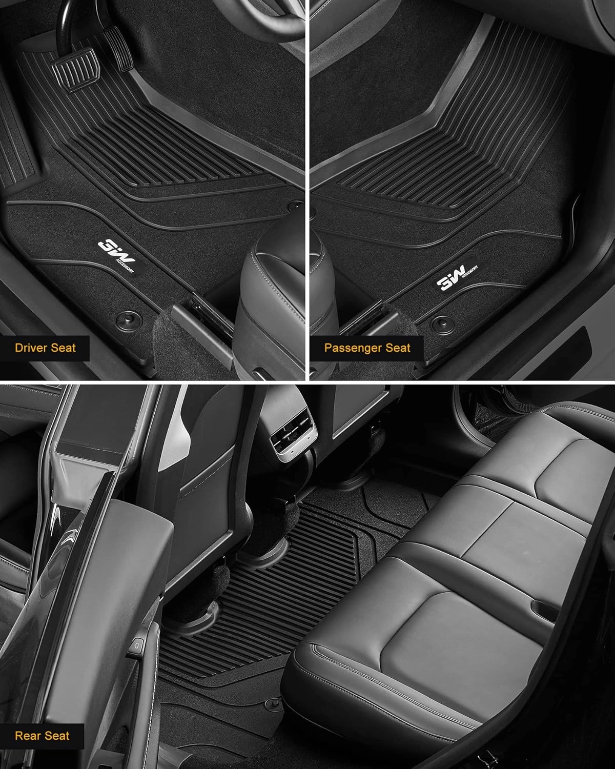 3W Tesla Model Y Floor Mats, TPE Floor Liner for Tesla Model Y 2020-2024, Full Set Black Floor Mats, Cargo Liner and Rear Seat Back Mats Accseeories for Tesla 5-Seater(Not for Juniper)